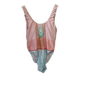 Women’s One Piece Swim Suit Pineapple Graphic Blue & Pink Low Back Small